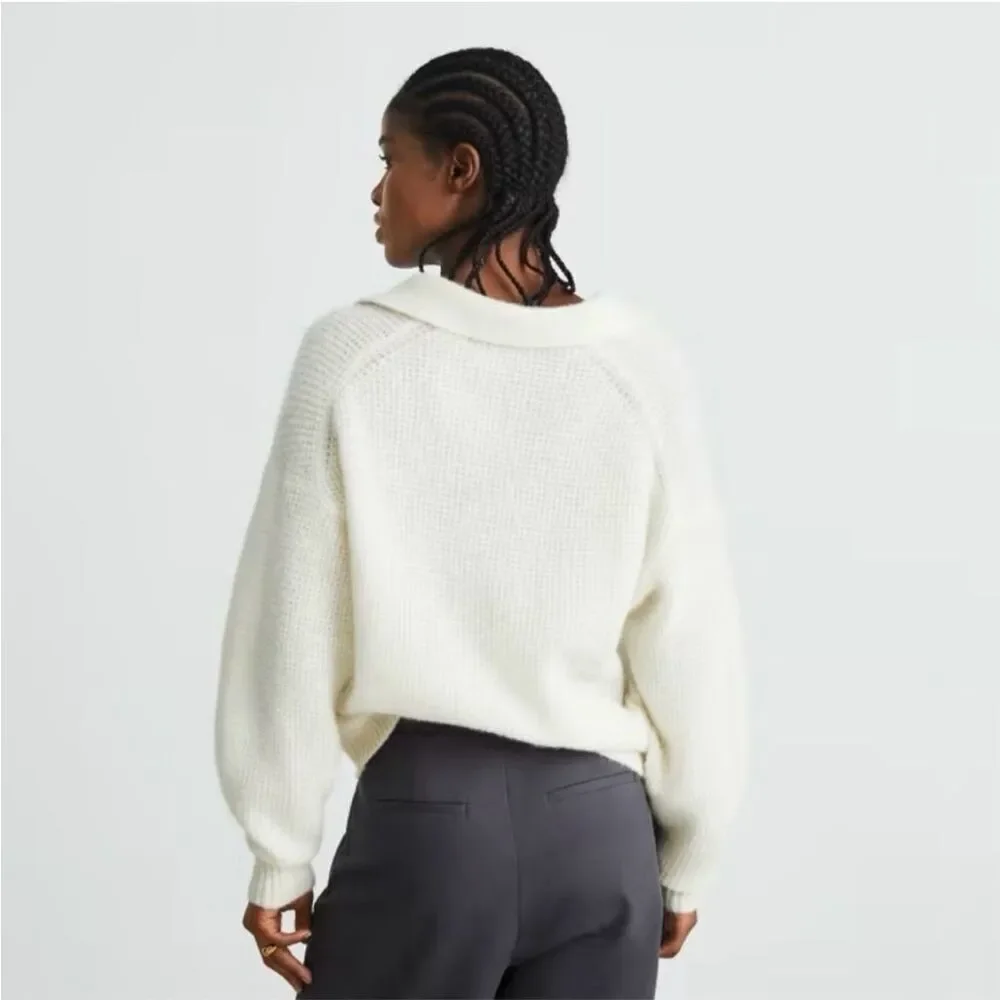 Everlane Alpaca Waffle-Stitch Polo Sweater Ivory Size XXS